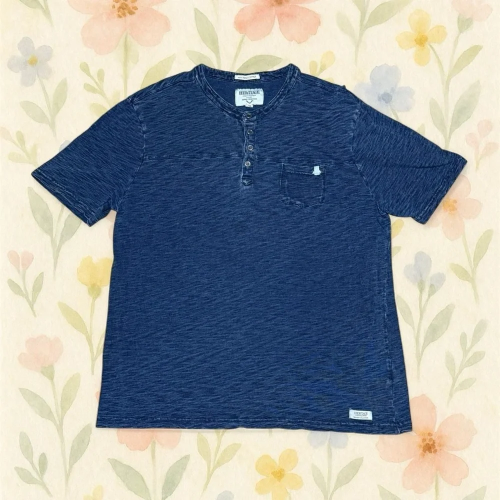 Heritage 100% Indigo Cotton Henley Shirt Mens XL Slim Fit Blue Pocket Tee - Picture 1 of 5